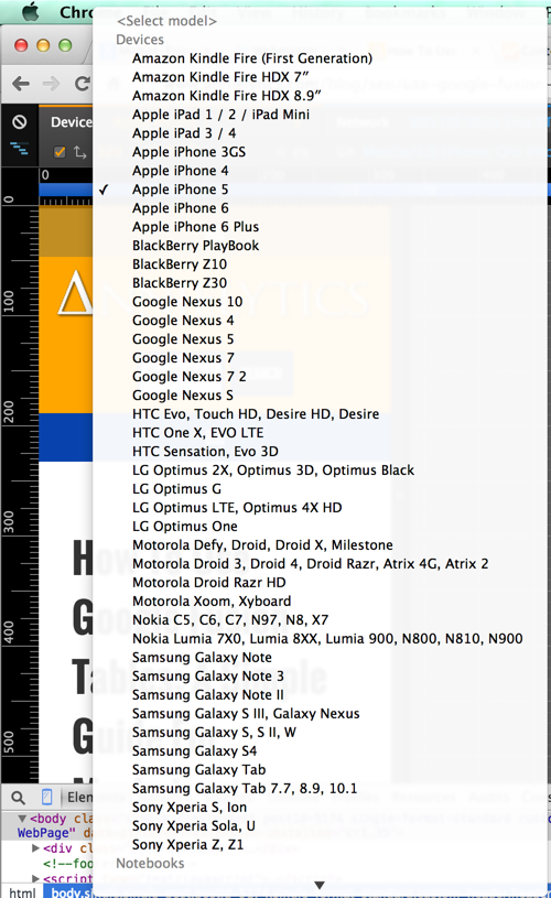 mobile devices in Chrome Mobile Emulator tool