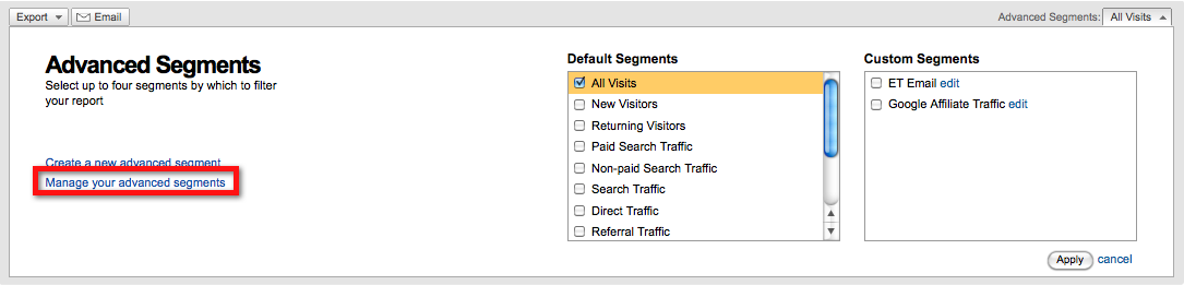Advanced Segments menu in Google Analytics