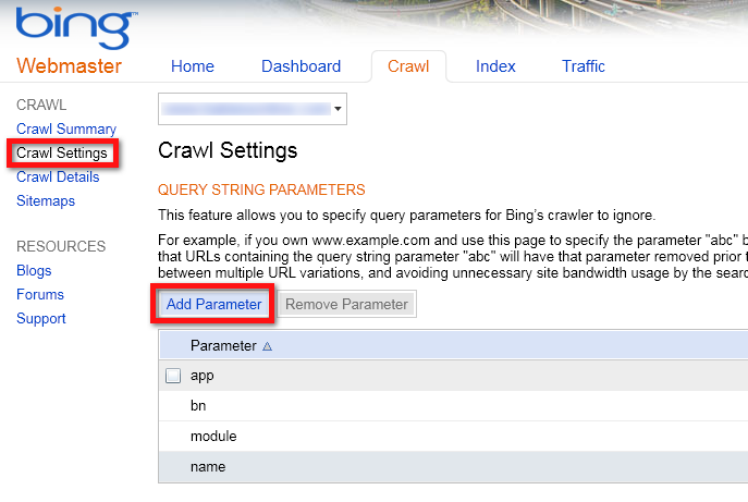 Bing Webmaster Tools query string parameters