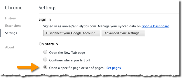 how to set up startup pages in Chrome