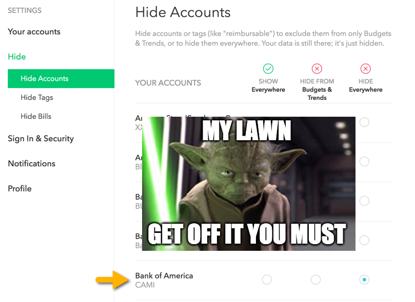 Mint budget app hide accounts