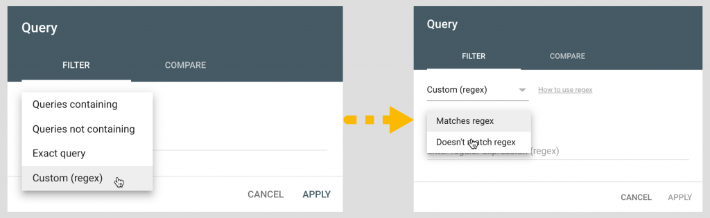 matches regex or doesn't match regex in Search Console filter