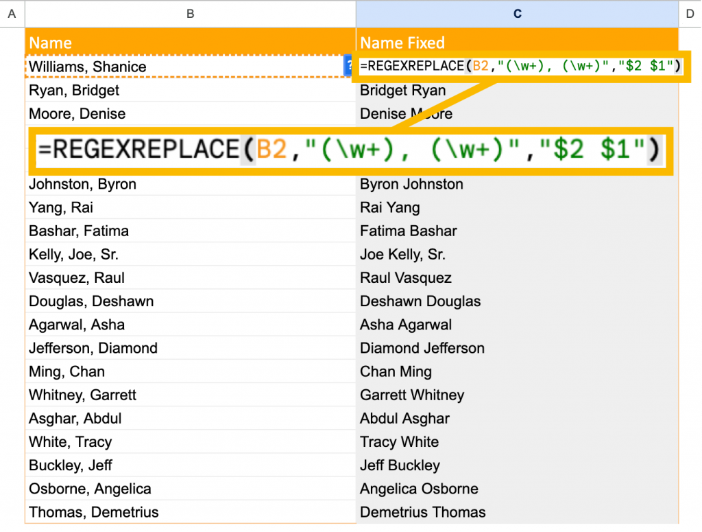 regexreplace function in Google Sheets