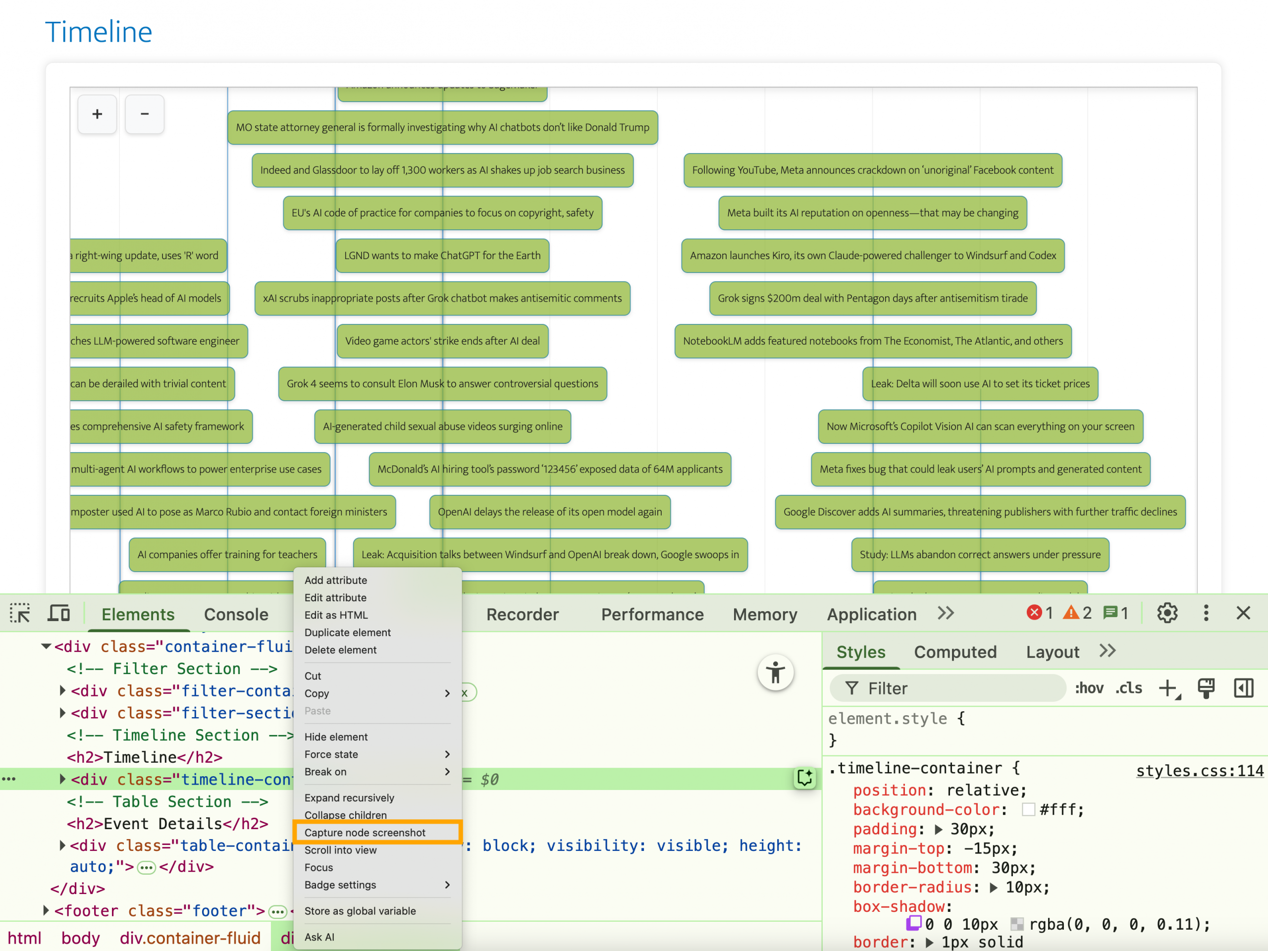 ChromeDev Tools capture node screenshot